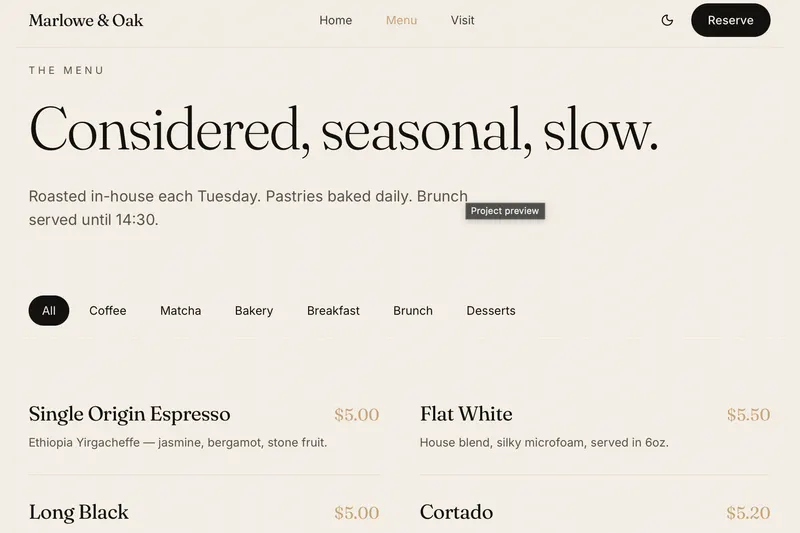 Marlowe & Oak Cafe website preview 2 of 3